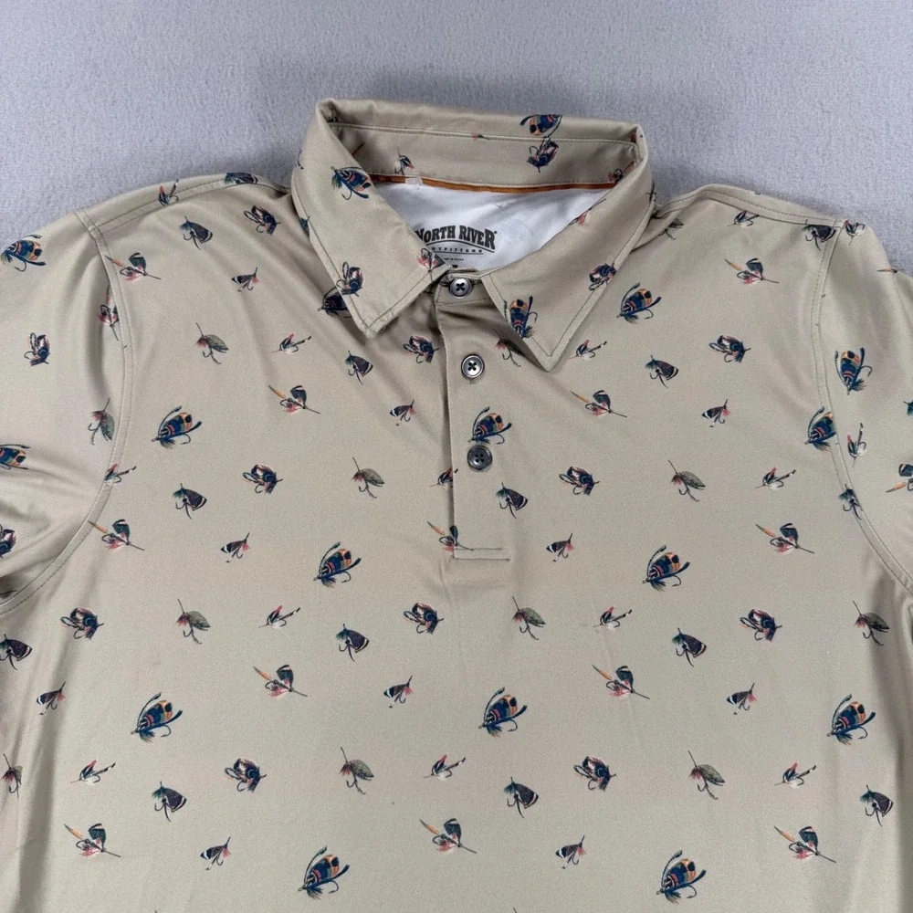North River Outfitters Mens Tan Fly Fishing Lure Print Polo Shirt Medium M